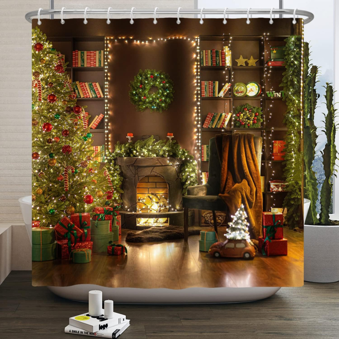Perdea de dus, usor lavabila, impermeabila 180x180 cm cu12 carlige , Model Craciun [2]