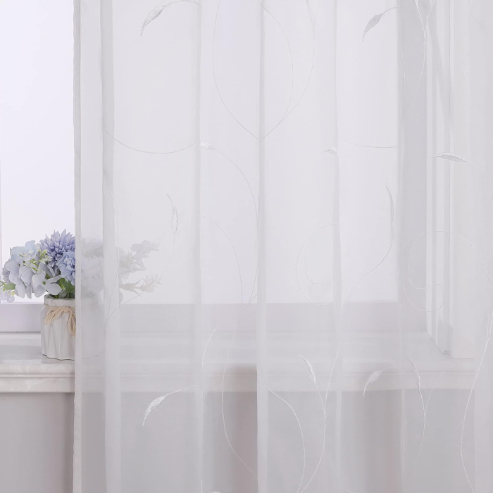 Perdea brodată model frunze cu bucle sus 1‑buc – Alb 140x145cm [4]
