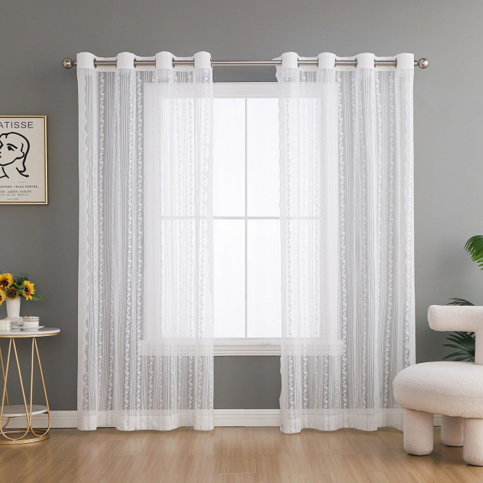 Perdele glisante brodate din dantela alba, semi-transparente cu ochiuri, Vintage pentru Decor Sufragerie Dormitor, set 2 buc H225 X L140 cm [1]