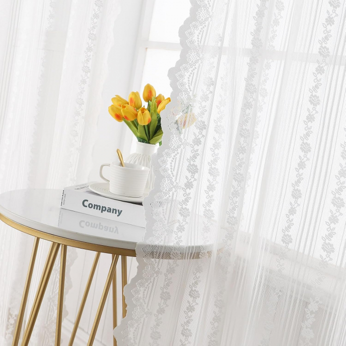 Perdele glisante brodate din dantela alba, semi-transparente cu ochiuri, Vintage pentru Decor Sufragerie Dormitor, set 2 buc H225 X L140 cm [7]