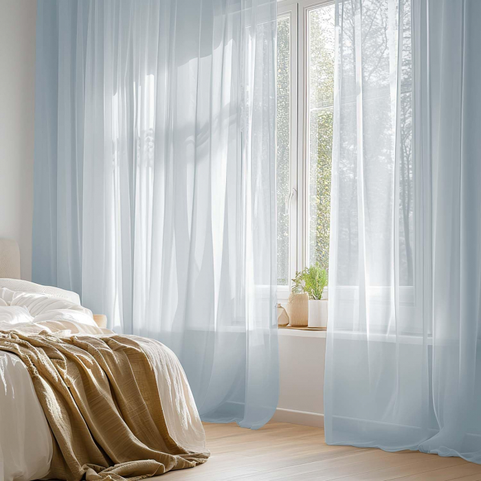 Perdele glisante brodate din dantela alba, semi-transparente cu ochiuri, set 2 buc H280xL140 cm, bleu [2]