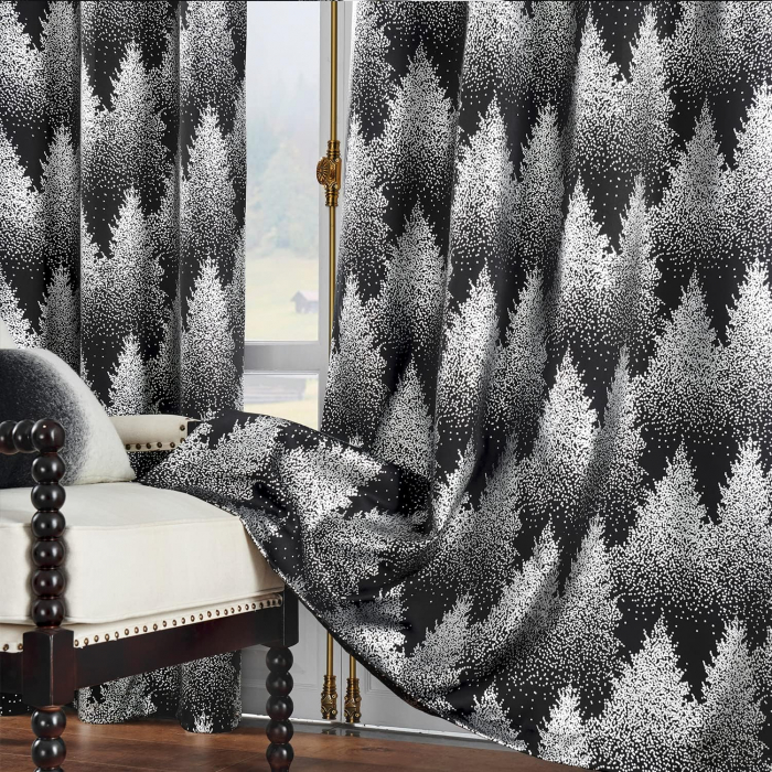 Perdele opace cu inele metalice, scurte, 245 x 132 cm-set 2 bucati, negru cu model pini [7]