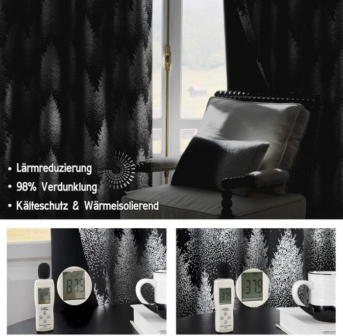 Perdele opace cu inele metalice, scurte, 245 x 132 cm-set 2 bucati, negru cu model pini [5]
