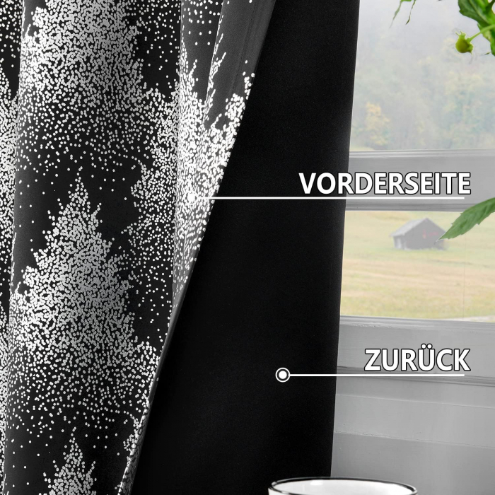 Perdele opace cu inele metalice, scurte, 245 x 132 cm-set 2 bucati, negru cu model pini [4]