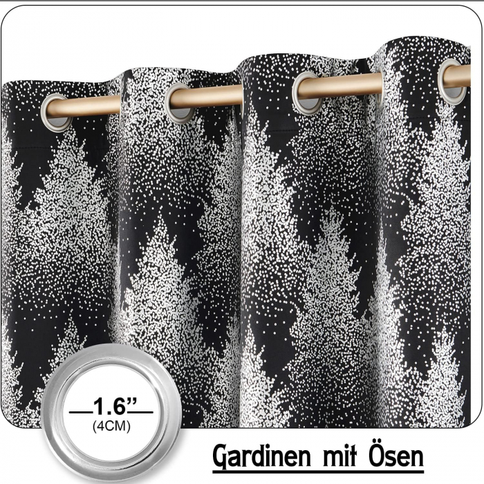 Perdele opace cu inele metalice, scurte, 245 x 132 cm-set 2 bucati, negru cu model pini [6]