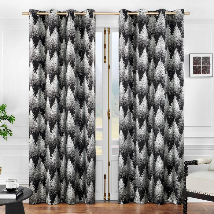 Perdele opace cu inele metalice, scurte, 245 x 132 cm-set 2 bucati, negru cu model pini [2]