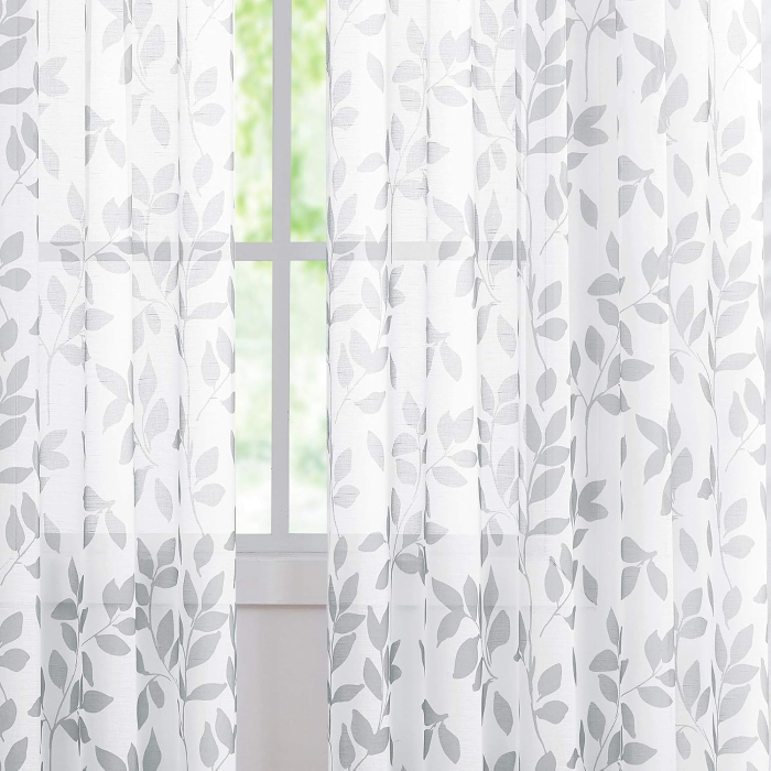 Set 2 Perdele Voal cu Imprimeu Frunze Gri, 136 x 180 cm/Bucată, 8 Ochiuri Metalice, Material Texturat, Semi-Transparente, Alb-Gri [6]