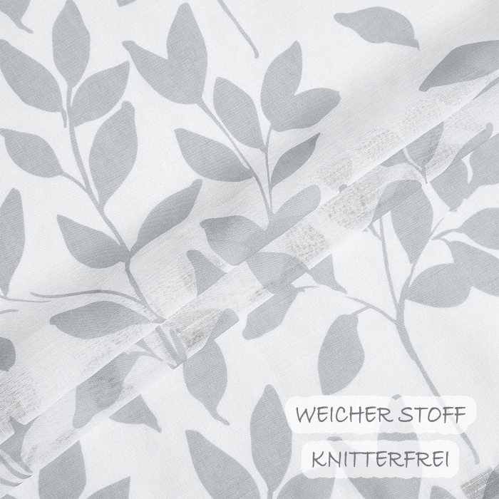 Set 2 Perdele Voal cu Imprimeu Frunze Gri, 136 x 180 cm/Bucată, 8 Ochiuri Metalice, Material Texturat, Semi-Transparente, Alb-Gri [7]