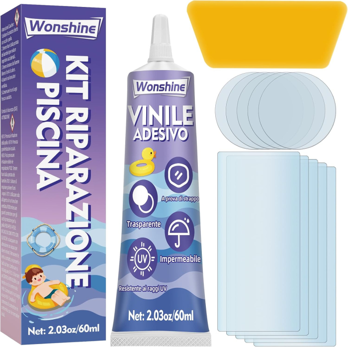 Kit de reparare piscina, solutie adeziva 60 ml, petece tranaparente [1]