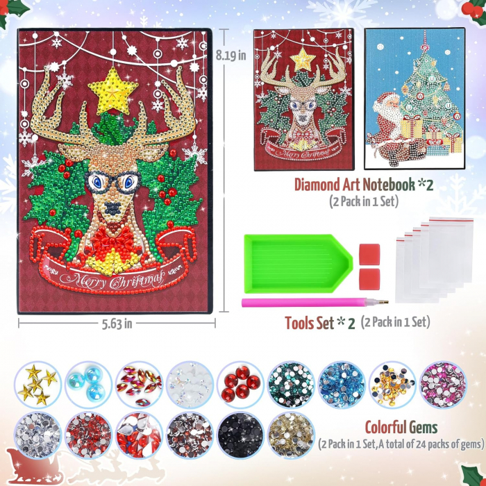 Pictura cu diamant 5D, adulti, copii, set 2 bucati A5, Ren si Mos Craciun [7]