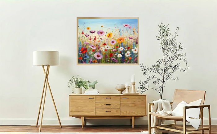 Pictura pe panza numerotata 40x30 cm, vopsea acrilica, pensule, suporti atarnare, "Flori sub cer albastru" [6]