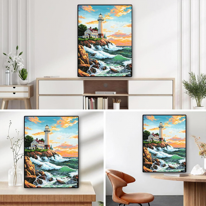 Pictura pe panza numerotata 40x50 cm, vopsea acrilica, pensule, suporti atarnare, "Far la mare" [4]