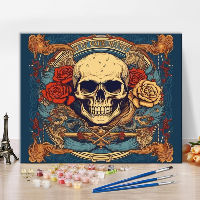 Pictura pe panza numerotata 40x50 cm, vopsea acrilica, pensule, suporti atarnare, "Craniu cu flori" [2]