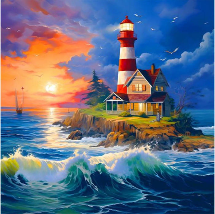 Pictura pe panza numerotata 40x40 cm, vopsea acrilica, pensule, suporti atarnare, "Far de mare" [1]