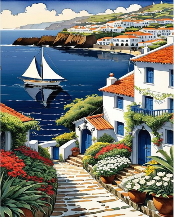 Pictura pe panza numerotata 40x50 cm, vopsea acrilica, pensule, suporti atarnare, "Case la mare" [1]