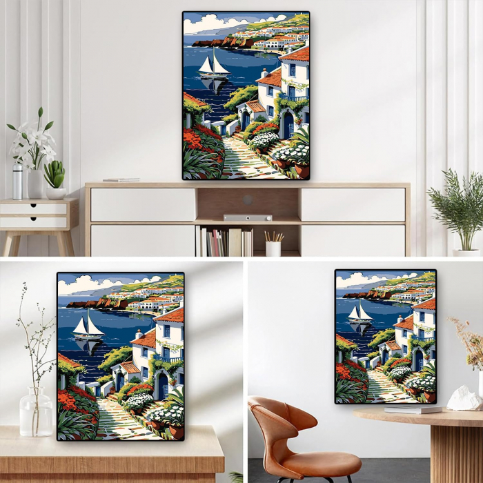 Pictura pe panza numerotata 40x50 cm, vopsea acrilica, pensule, suporti atarnare, "Case la mare" [5]