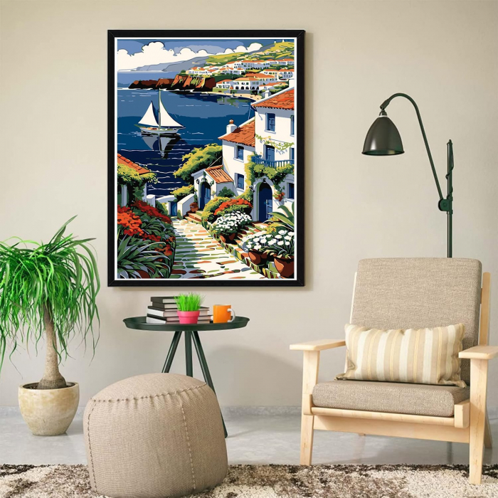 Pictura pe panza numerotata 40x50 cm, vopsea acrilica, pensule, suporti atarnare, "Case la mare" [4]