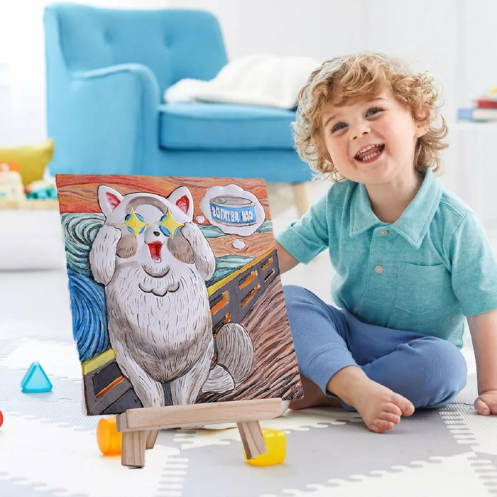 Pictura pisica 20x20 cm dupa forma de plastic-set 12 acuarele, 3 pensule,1 cadru lemn, 1 sevalet [7]