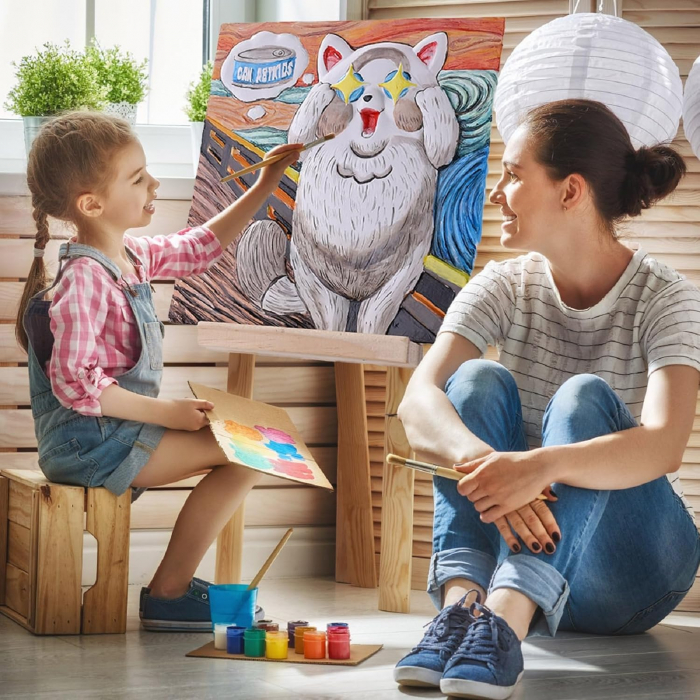 Pictura pisica 20x20 cm dupa forma de plastic-set 12 acuarele, 3 pensule,1 cadru lemn, 1 sevalet [2]