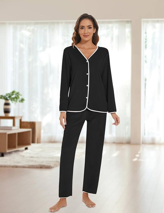 Pijama lejera de somn pentru femei, din material moale, 2 piese, negru/alb M [6]