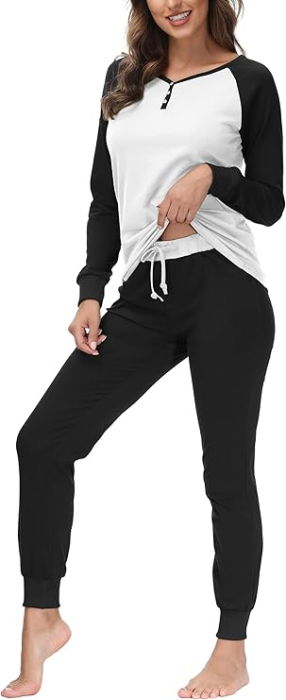 Pijama lejera de somn pentru femei, din material moale, 2 piese, negru/alb L [6]