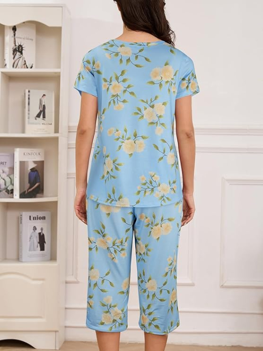 Pijama lejera de somn pentru femei, din material moale, albastra cu flori 3XL [2]