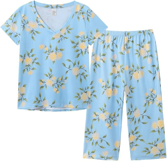 Pijama lejera de somn pentru femei, din material moale, albastra cu flori 3XL [4]