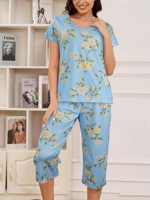 Pijama lejera de somn pentru femei, din material moale, albastra cu flori 3XL [3]