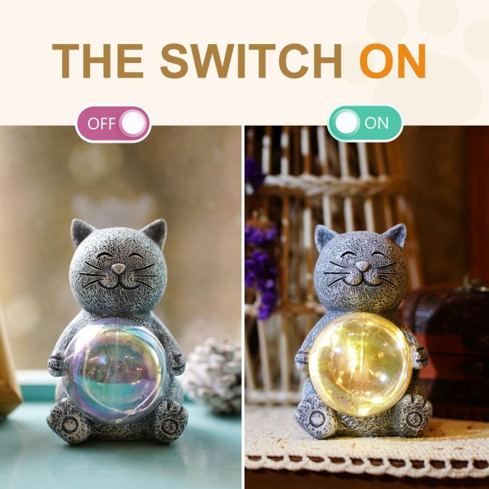 Figurină decorativă pisică cu LED, 12 cm, lumină caldă, rășină, alimentare pe baterii, cutie cadou [4]