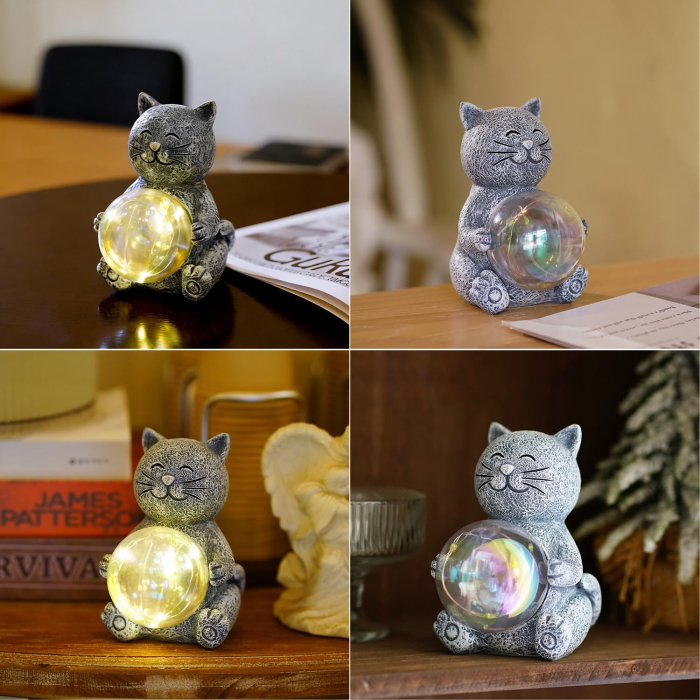 Figurină decorativă pisică cu LED, 12 cm, lumină caldă, rășină, alimentare pe baterii, cutie cadou [6]