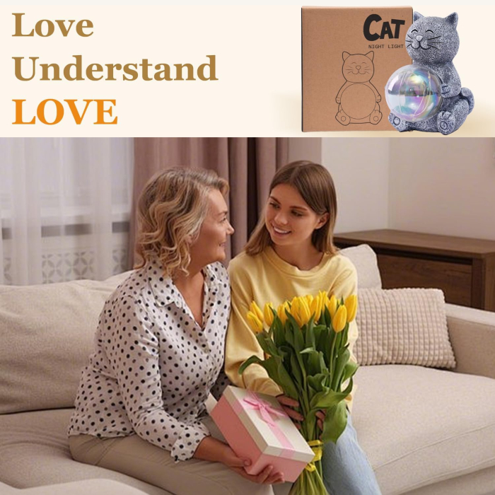 Figurină decorativă pisică cu LED, 12 cm, lumină caldă, rășină, alimentare pe baterii, cutie cadou [2]