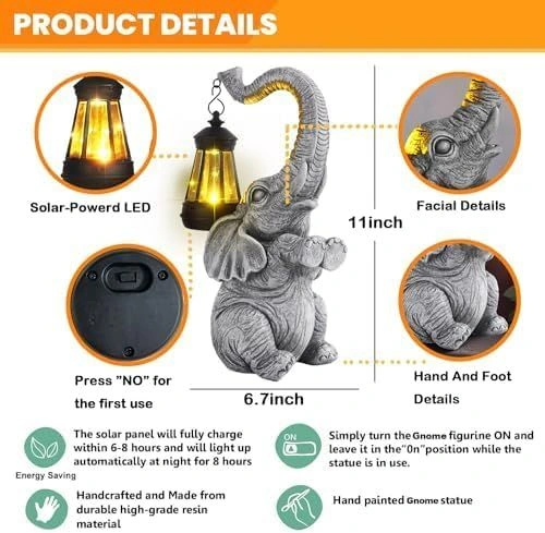 Elefant de gradina, terasa, balcon cu LED-uri si panou solar 28 cm [6]