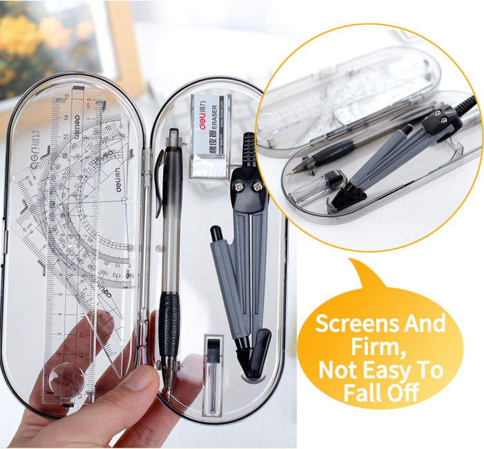 Set 8 rechizite școlare, compas, echer, riglă 15 cm, raportor, radieră, creion mecanic cu mină [6]