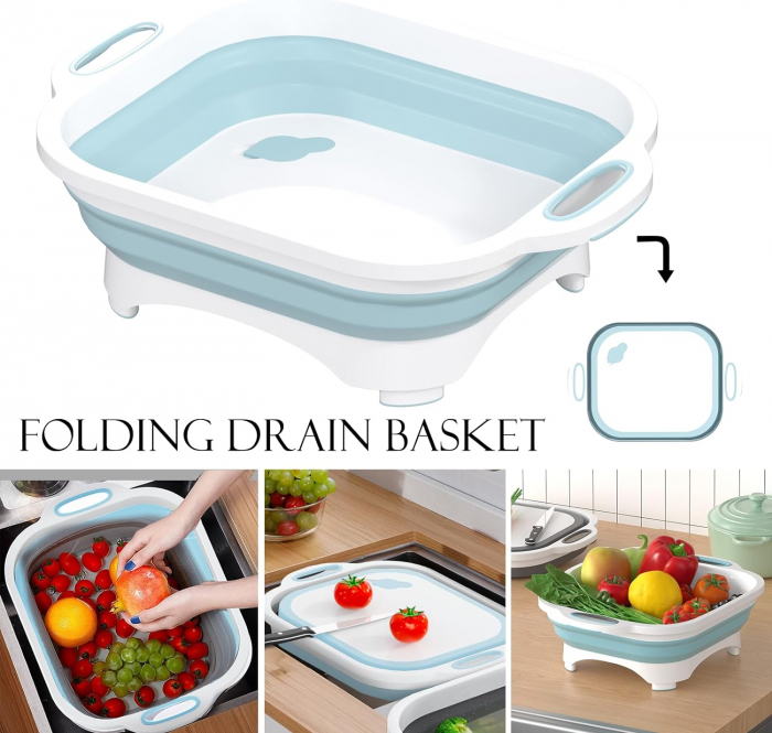 Placa de taiere pliabila cu cutit- spalare si scurgere,ideala  pentru picnic, BBQ Prep si camping, plastic bleu, 40x30x13 cm [5]