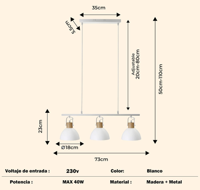 Lampa plafon 3 Becuri E27, Metal Alb și Lemn, Înălțime Reglabilă 50-110 cm [2]