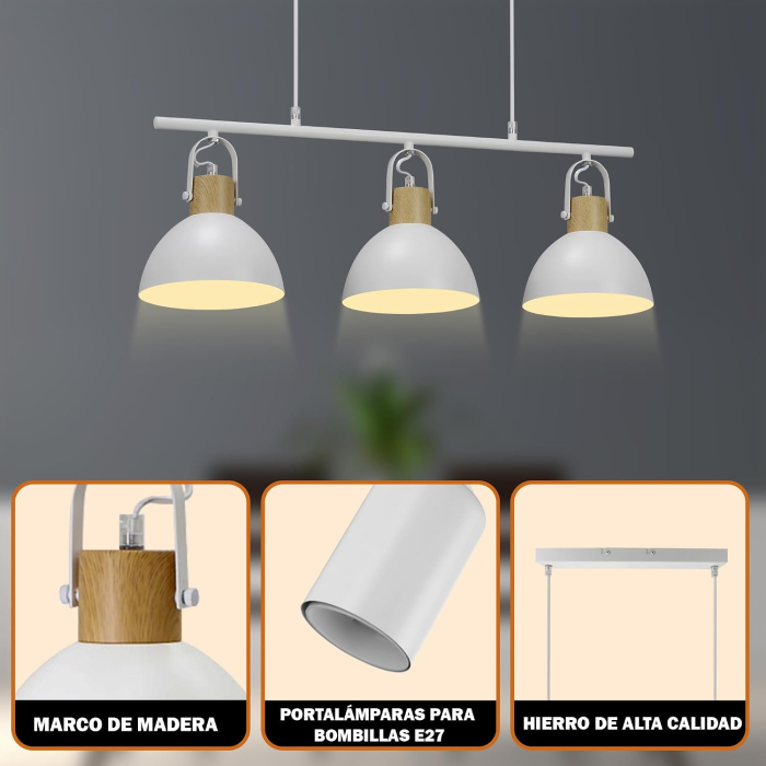 Lampa plafon 3 Becuri E27, Metal Alb și Lemn, Înălțime Reglabilă 50-110 cm [4]