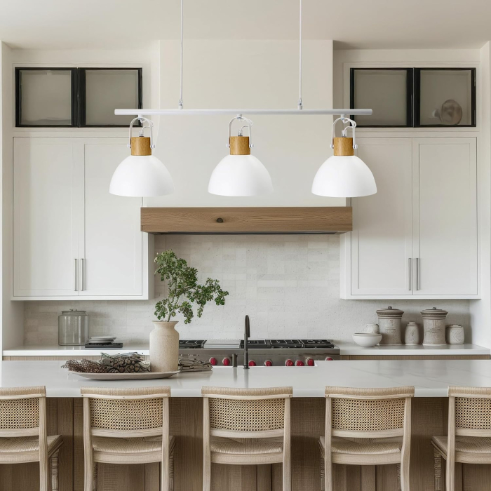 Lampa plafon 3 Becuri E27, Metal Alb și Lemn, Înălțime Reglabilă 50-110 cm [3]
