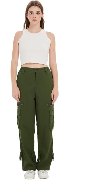 Pantaloni verzi largi pentru femei, talie inalta, buzunare, marime L [5]