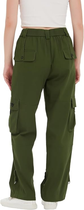 Pantaloni verzi largi pentru femei, talie inalta, buzunare, marime S [2]