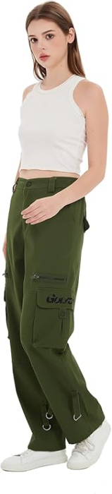 Pantaloni verzi largi pentru femei, talie inalta, buzunare, marime XL [6]