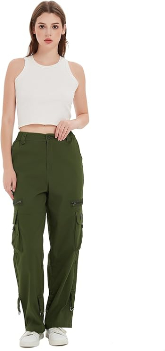 Pantaloni verzi largi pentru femei, talie inalta, buzunare, marime S [1]