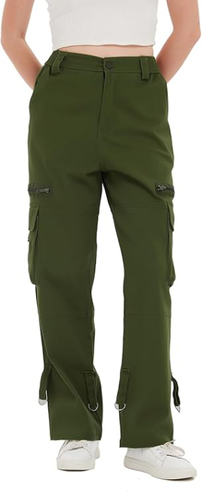 Pantaloni verzi largi pentru femei, talie inalta, buzunare, marime L [3]