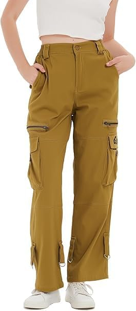 Pantaloni kaki largi pentru femei, talie inalta, buzunare, marime S [2]