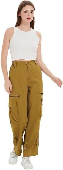 Pantaloni kaki largi pentru femei, talie inalta, buzunare, marime M [6]