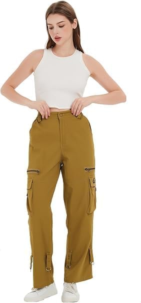 Pantaloni kaki largi pentru femei, talie inalta, buzunare, marime M [1]