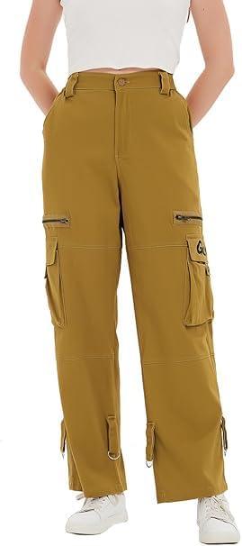 Pantaloni kaki largi pentru femei, talie inalta, buzunare, marime S [5]