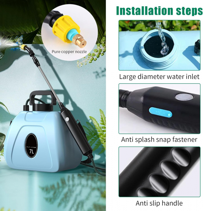 Pompa de stropit cu presiune, lance și 3 duze de pulverizare reglabile, baterie litiu-ion de 2400mAh, 7 L, pentru grădină/vie/gazon [8]