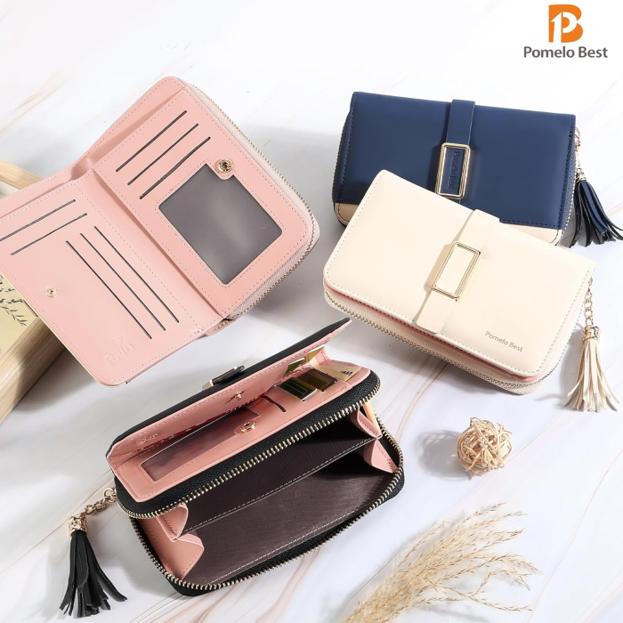 Portofel albastru elegant pentru femei, cu blocare RFID, fermoar metalic, 15.5x9.5x3 cm [6]