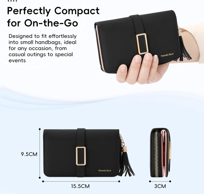 Portofel albastru elegant pentru femei, cu blocare RFID, fermoar metalic, 15.5x9.5x3 cm [5]