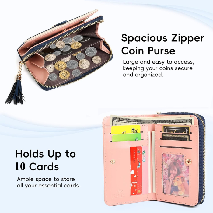 Portofel albastru elegant pentru femei, cu blocare RFID, fermoar metalic, 15.5x9.5x3 cm [3]